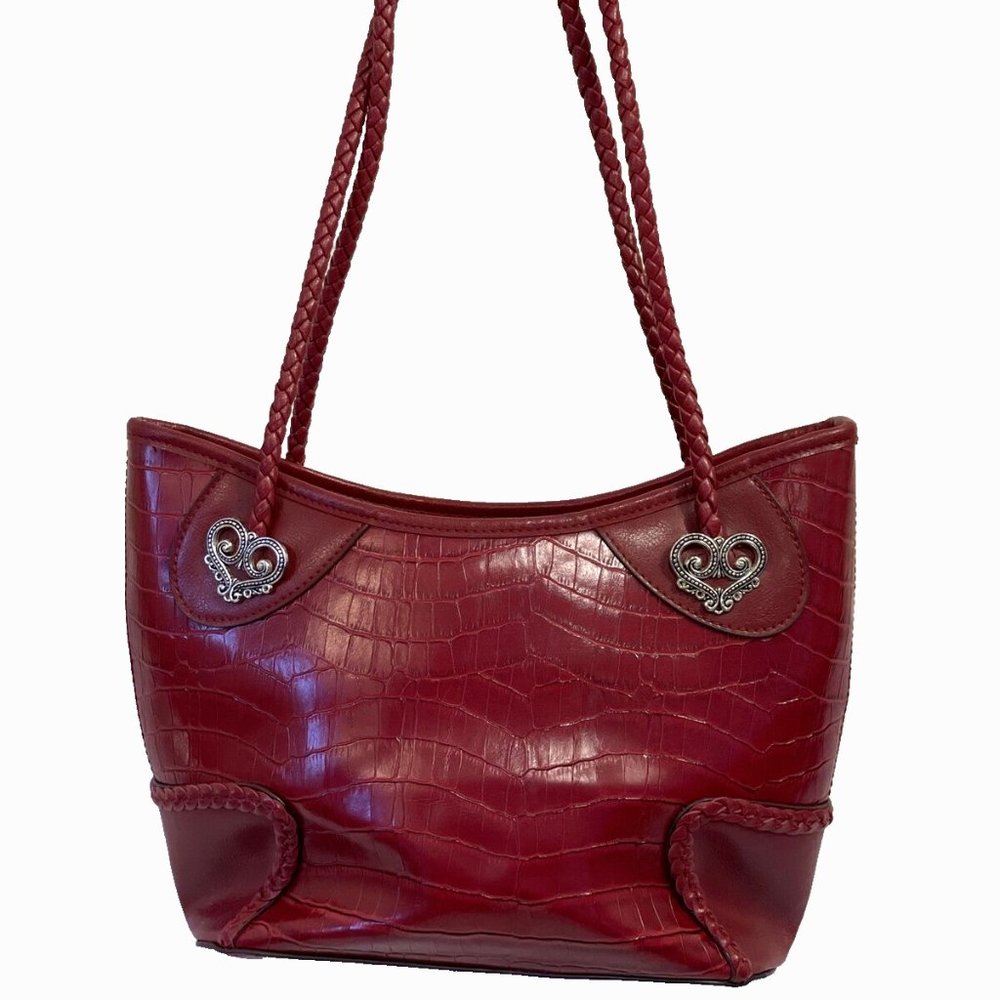 Women Handbag Purse Shoulder Bag Red Faux Alligator Braided Handle Heart Accents